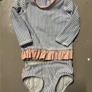 Ruffle Butts Girls Blue & White Striped Two-Piece Swim Set with Pink Ruffle